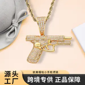 Iced Out Gun Pendant Necklace| Gold/Silver Plated Hip Hop Rope Chain Jewelry for Men