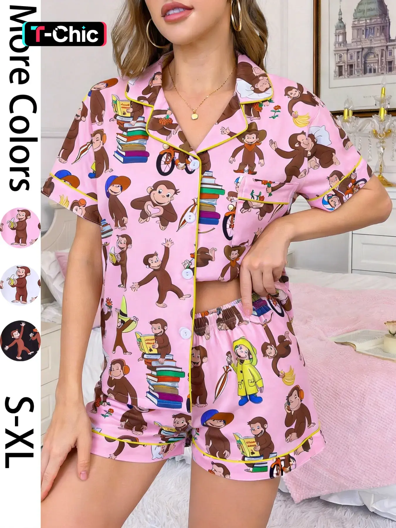 2-piece women's foundation make-up George cartoon Animal pattern printed short sleeved shorts Soft comfortable top Small pocket lapel design Elastic waist for four seasons home casual women's Loungewear, Homewear pajamas set Fabric Pjs