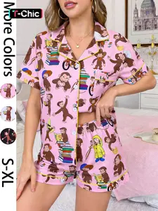 2-piece women's foundation make-up full of curiosity George cartoon Animal pattern printed short sleeved shorts Soft comfortable top Small pocket lapel design Elastic waist for four seasons home casual women's Loungewear Nightwear pajamas set Fabric Pjs