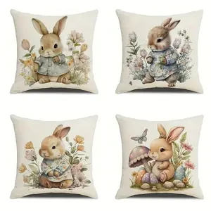 4PC, 2D flat printing, single-sided printing, multiple sizes. Set of 4 Rabbit Floral Pattern Linen Pillow Covers Made of polyester fiber, machine washable. Suitable for indoor and outdoor decoration (pillow insert not included, not embroidered).