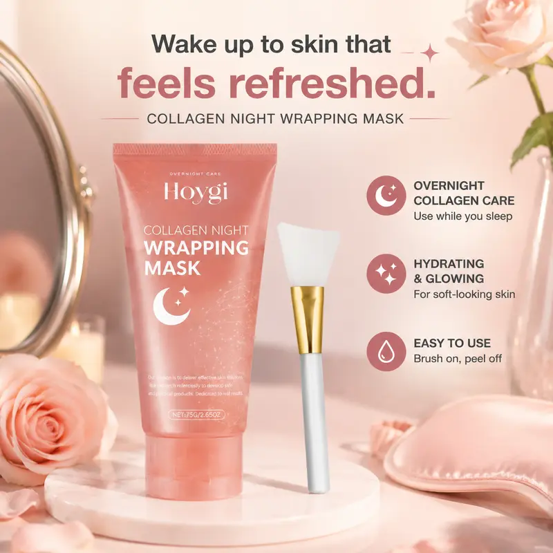 Collagen Overnight Peel-Off Face Mask with Brush - 75g Alcohol-Free Cosmetic, Nourishing Firming Moisturizer for Adults' Night Routine, Gentle for All Skin Types, Collagen Boost Deep Absorption Self Care Product