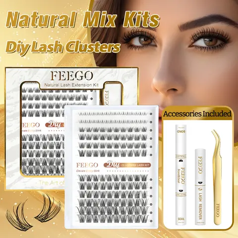 FEEGO Eyelash Clusters Kit, 8-16mm D Curl Dry Natural Clusters, 5-6mm Bottom False Lashes, 132 PCS DIY At-Home Extension Set with Tools (False Eyelashes & Adhesives), Natural Lash Clusters