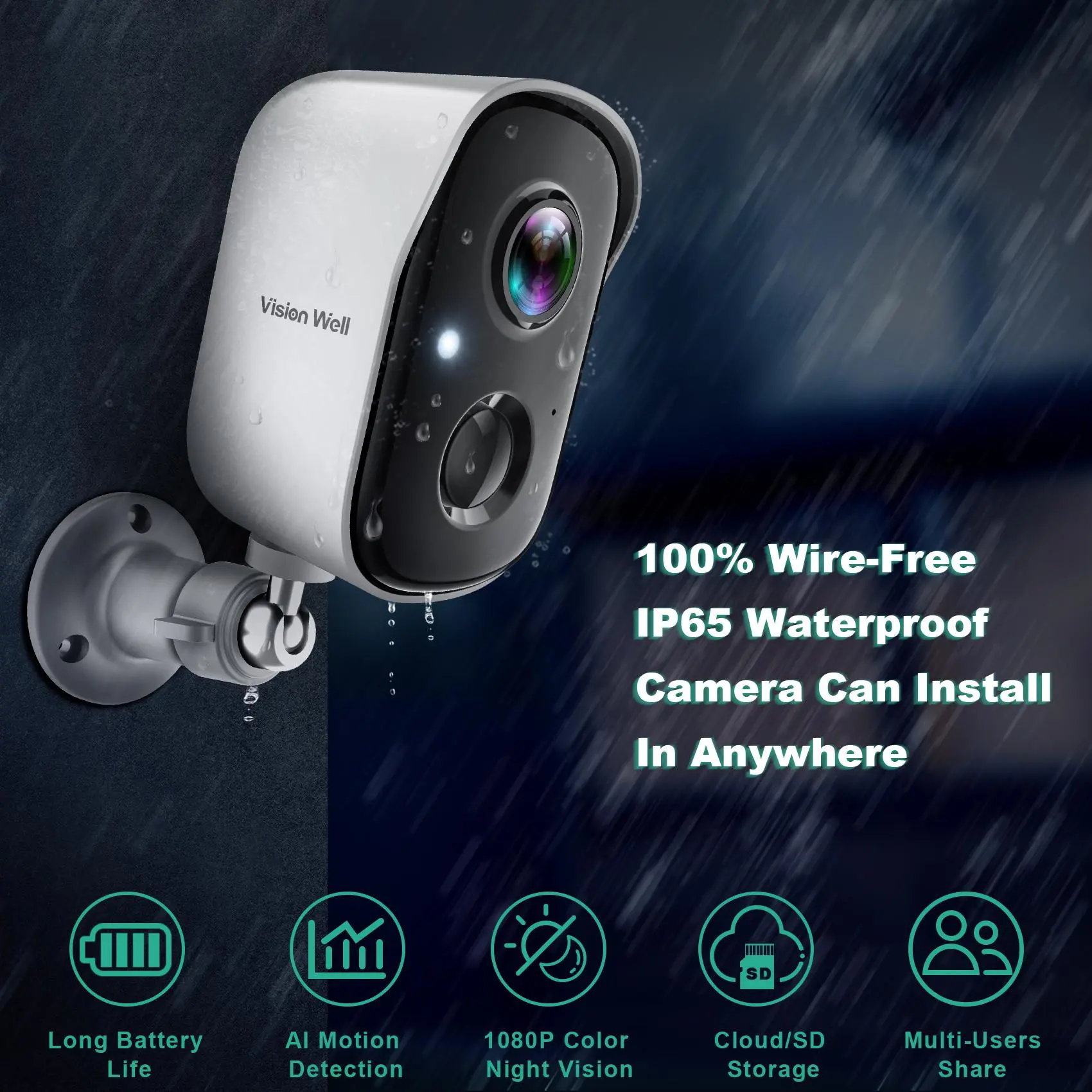 Vision Well Solar Powered Wireless Security Camera for Home Outdoor, 1080P HD Clear Picture WiFi Security with Spotlight and Two-Way Audio, Easy to Install