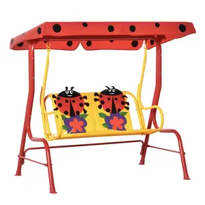 2-Seat Patio Swing – Red. For Ages 3-6. Adjustable & Removable Canopy + Seatbelts. Cute Lion Pattern. Non-Skid Feet. 132 lbs Cap