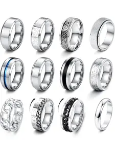 12 PCS Fidget Ring for Women Men Stainless Steel Rings Adjustable Statement Ring Men Ring Set Matching Rings for Couples, Cool Spinner Ring Anxiety Ring for Women for Men Size 7-13