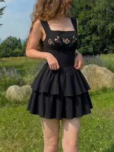 Floral Embroidery Waist Cinched Double-Layer Mini Dress - Fashionable