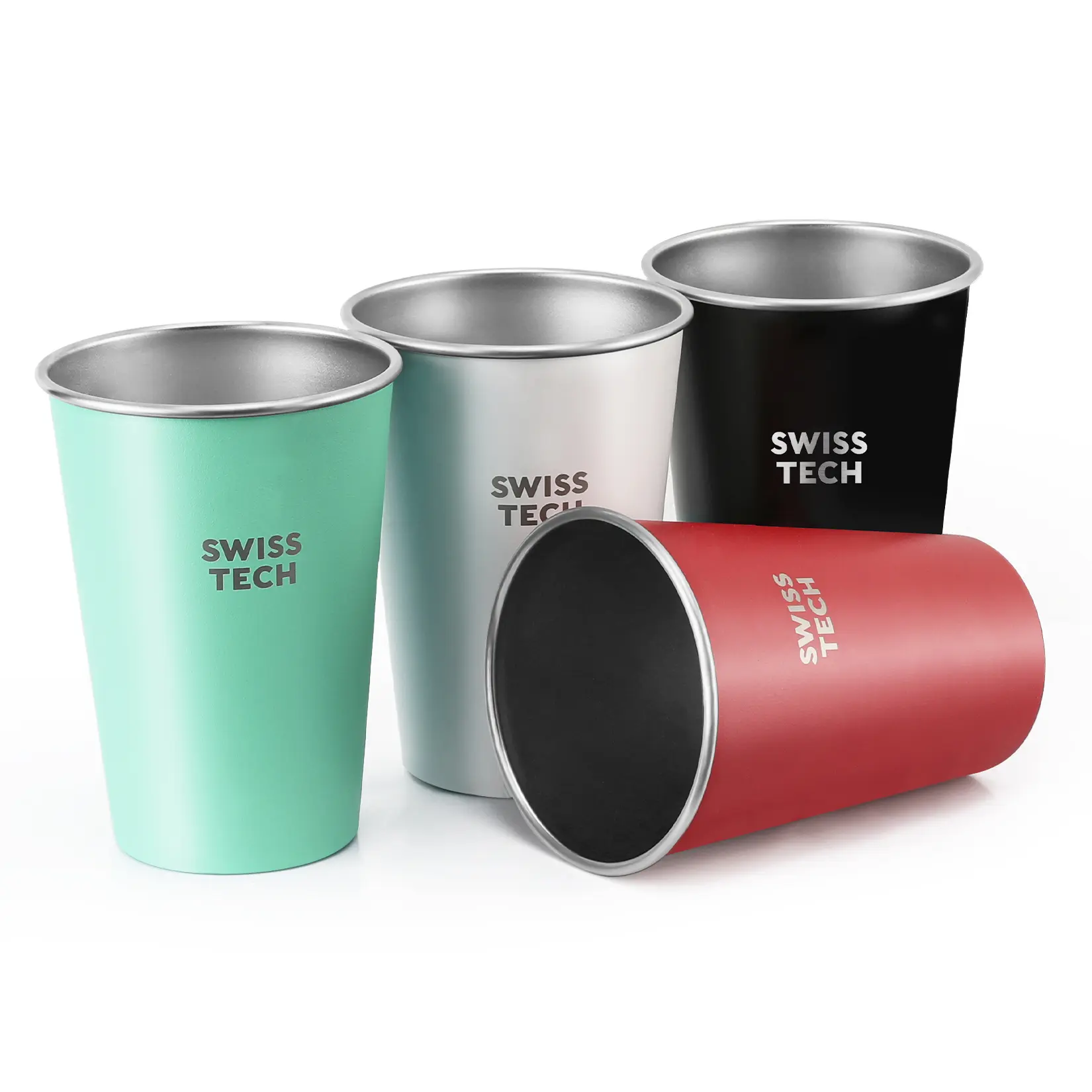#fathersdaygift Swiss+Tech 16 oz Stainless Steel Cups, 4 Pack Stackable Pint Cup For Travel, Outdoor and Home, Multicolor