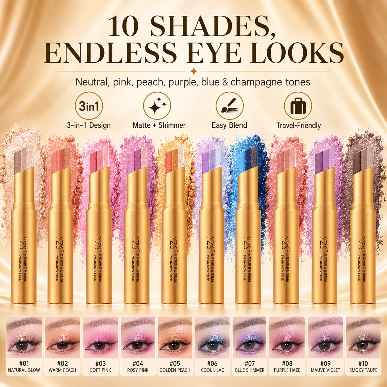 10PCS 3-in-1 Eyeshadow Stick Set for Beginners | One-Swipe Creamy Shimmer Trio Eye Shadow | Smudge-Proof, Blendable & Long-Lasting Eye Makeup