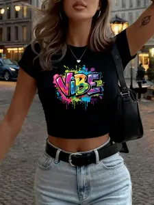Ladies' Fashionable Short T-Shirt | Creative Pattern Print, Sexy And Figure-Hugging High Elasticity Comfortable Crop Top, Available In Multiple Colors, Elegant Y2K Style, Ideal For Valentine'S Day And Easter Gifts