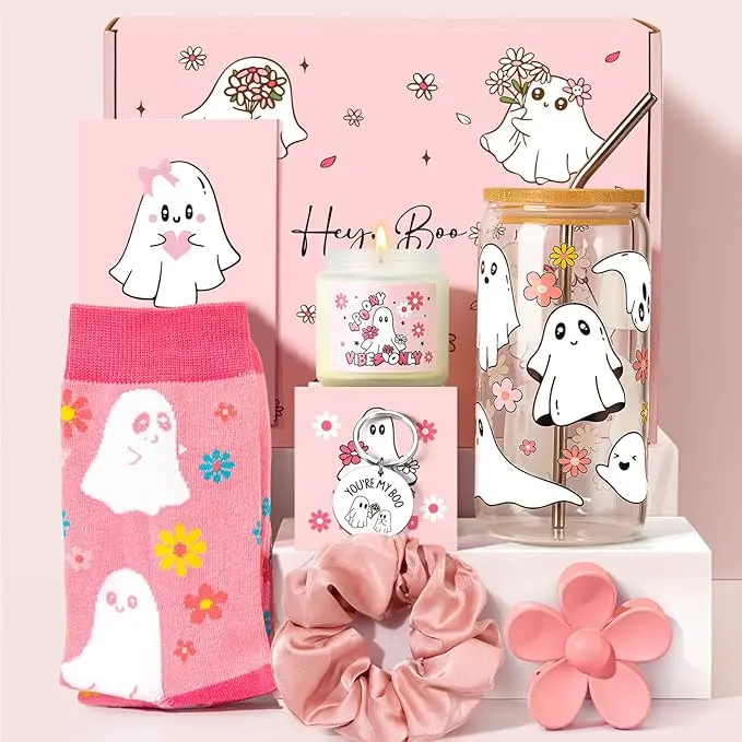 7pcs Boo Basket for Women Halloween Boo Gift Stuffers Include 50x60 Inch Pink Ghost Flannel Blanket Glass Tumbler Candle Makeup Bag Keychain Novelty Socks Woven Basket Gift for Halloween