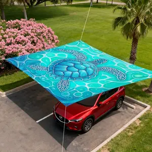 1Pcs Sunshade Awning Turquoise Green Ocean Outdoor, with Turquoise Turtle Pattern, Portable Beach Sun Umbrella, Easy to Set Up with Ropes, Suitable for Year-Round Use at Pool, Camping (Support Pole Not Included)