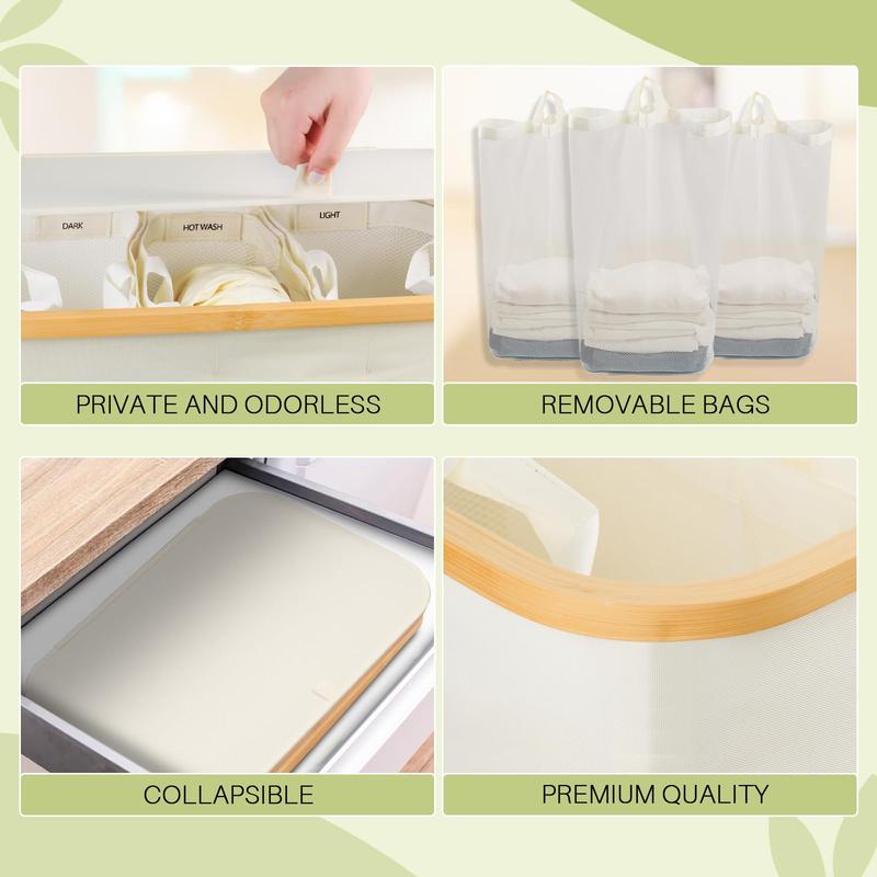 Bathola 160L Laundry Hamper with Lid, 3-Section Foldable Clothes with Removable Bags, Organizer for Bedroom & Laundry Basket large Beige bathroom accessories