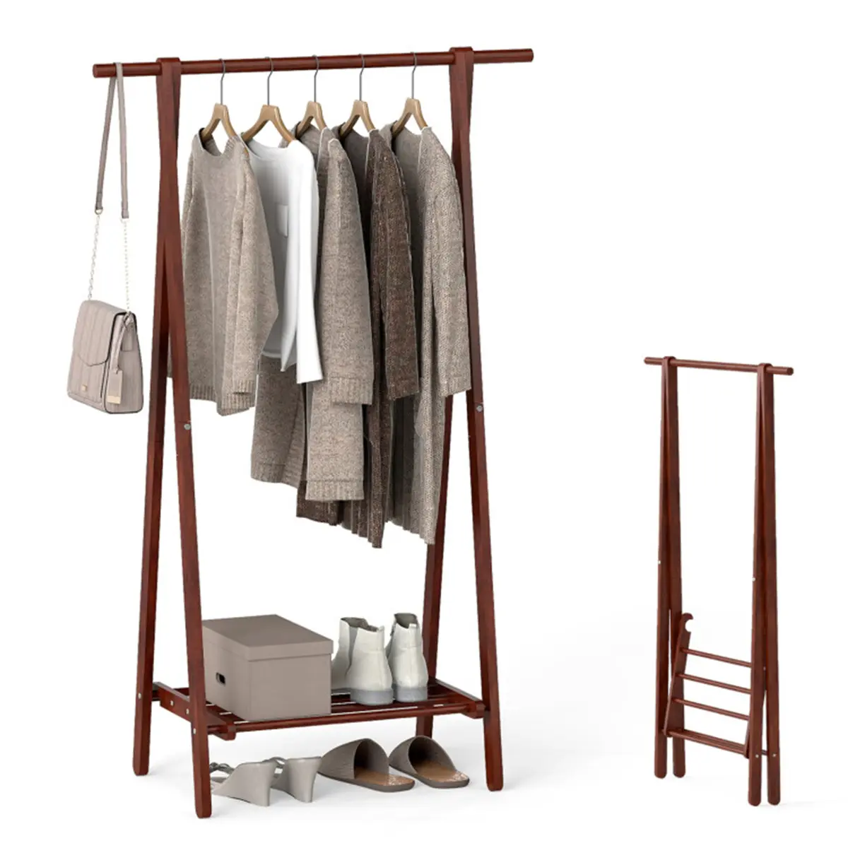 [Fahuac] Solid Rubber Wood Folding Coat Rack - A-Frame Self-Standing Hangable Heavy-Duty Clothes Rack with Bottom Storage Shelf, Space-Saving, 33 lbs Hanging Capacity, Walnut, Hangable Coat Racks, Heavy-Duty Coat Racks