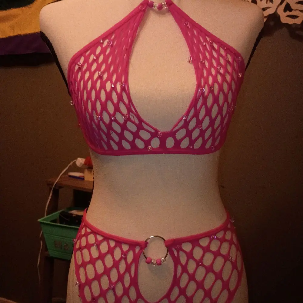 Hot Pink Fishnet Style Halter Top & Matching Bottoms with Beaded Accents for Women