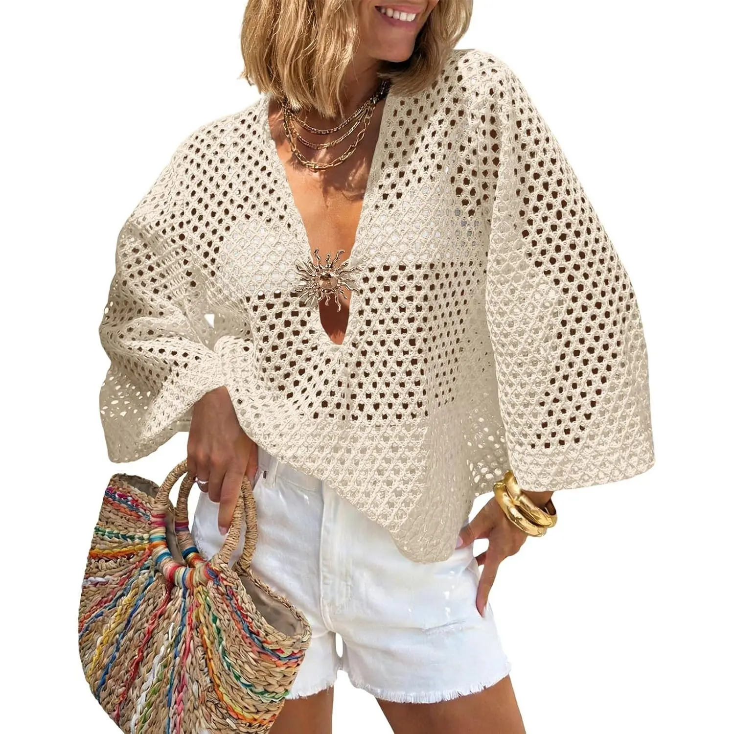 Saodimallsu Women's Crochet Swimsuit Cover Up, 3/4 Sleeve Boho Oversized Mesh Knit V-Neck Summer Top, Multi-Size Crochet Cover Ups