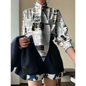 Chic Polyester Newspaper Print Blouse - Elegant Long Sleeve Office Top with Stand Collar, Available in S to 2XL Shirts Womenswear Winter Comfort Casual Fabric