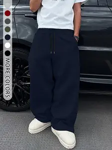 Men's Solid Color Knit Long Pants with Pockets and Drawstring, Comfortable Home Wear, Casual Fashion Design, Multiple Colors Available
