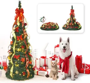 CAPHAUS 4/ 6/ 7.5 Feet Artificial Pop Up Christmas Tree w/ 2 Red & Golden Ribbon, LED Lights, Foldable, Pre-Hinged, with Green Metal Stand, for Indoor, Office, Party, Holiday Decoration