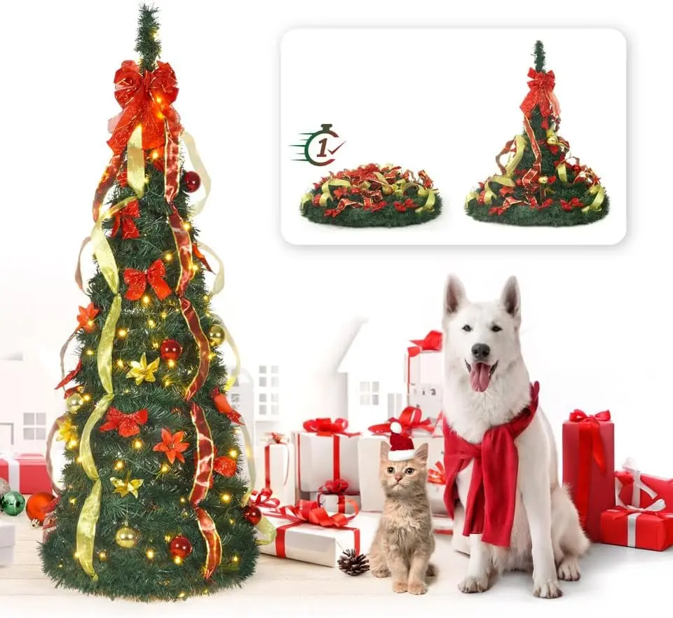 CAPHAUS 4/ 6/ 7.5 Feet Artificial Pop Up Christmas Tree w/ 2 Red & Golden Ribbon, LED Lights, Foldable, Pre-Hinged, with Green Metal Stand, for Indoor, Office, Party, Holiday Decoration