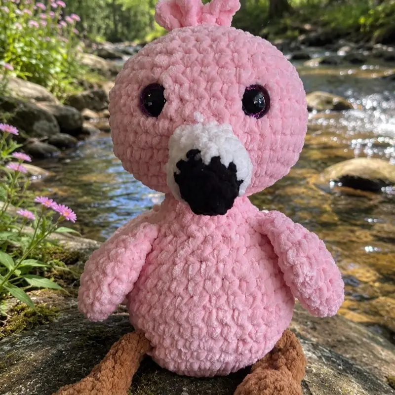 Handmade crocheted flamingo plushie