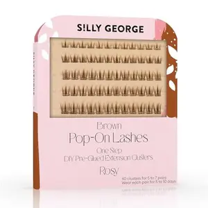 Silly George Pop-On Lashes - DIY 1-Step Pre-Glued Faux Eyelash Clusters, Natural Look Extensions, Light Brown - Rosy, 5-7 Pair Set, Pack of 60 Clusters