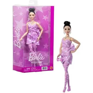 Mattel - Barbie Deluxe Style Fashion Doll #11 in Pink Denim Star-Print Dress, Black Hair in Bun  [COLLECTIBLES] Paper Doll