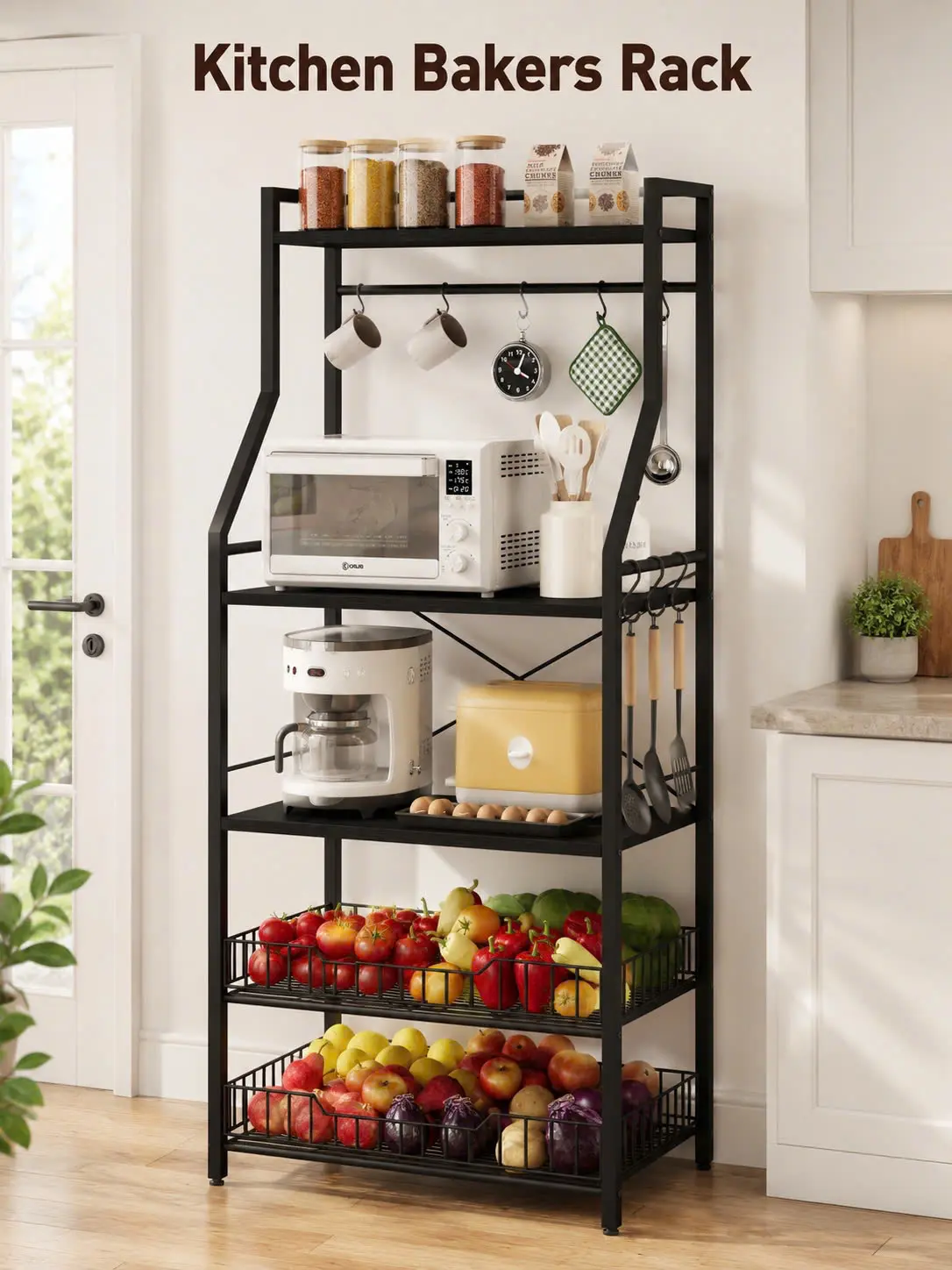 Microwave Stand with 2 Wire Baskets, 5-Tier Coffee Bar Storage Shelf with 8 Hooks, Industrial Kitchen Utility Rack