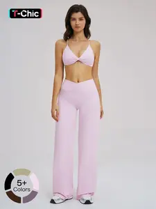 Women's Yoga Set Cross Waist Wide Leg Fitness, Casual Summer Sportswear for Running & Gym, Comfortable Daily Wear