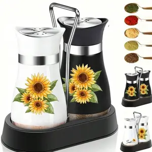 Salt And Pepper Shaker Set, Sunflower Shaped Salt And Pepper Shakers With Handle Holders - Modern Glass Kitchen Decor - Salt And Pepper Shaker Set For Home, Restaurant, Wedding - With Stable Stand For Kitchen Gadgets Cooking Table, RV, Camping, BBQ, Sprin