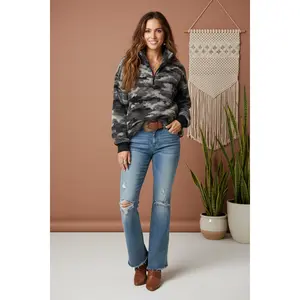 LuLaRoe Nancy Half-Zip Long Sleeve Polyester Hoodie - Lady's Basic Casual Top with Side Pockets, Black and Gray Camo Sweatshirt