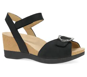 Dansko Stella Black Milled Nubuck Leather Wedge Sandal