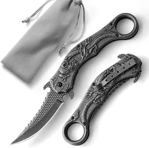 Pocket Knife,Cool Folding Knife with 3D Dragon Relief,EDC Knife with Pocket Clip,Knife Gifts For Men Women,Sharp Camping Survival Hiking Knives (Black)