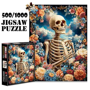 1pc 1000 piece adult puzzle 70x50cm Skeleton Surrounded by Colorful Flowers500 pieces paper jigsaw puzzle suitable for DIY creative games for adults and families, birthday and holiday stress relief gi
