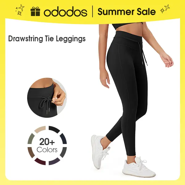 ODODOS Women's Drawstring Tie Daily Leggings 25" / 28" High Waist Workout Yoga Pants Soft 4-Way Stretch Pet Hair Resistant - Sportswear Bottoms, Womenswear