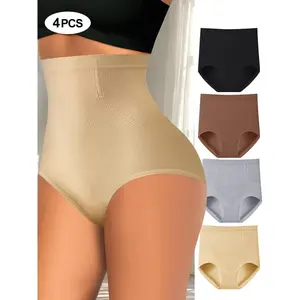QUASTI Women's 4pcs Seamless High Waist Compression Nylon Panties - Comfortable Fabric, Soft Solid Color, Breathable, Tummy Control, High Elasticity, Hip Lifting, 3D Design, Bridal Basic Summervibes Tiktokshopdaysforyouall