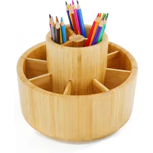 Natural Bamboo Rotating Art Supplies Storage Box, Multi-Compartment Pencil Rack Organizer, Desktop Stationery Holder for Pens, Colored Pencils, Crayons and Paintbrushes,  Home Office & Study Room, Eco-Friendly Desk Essential for Spring Organization