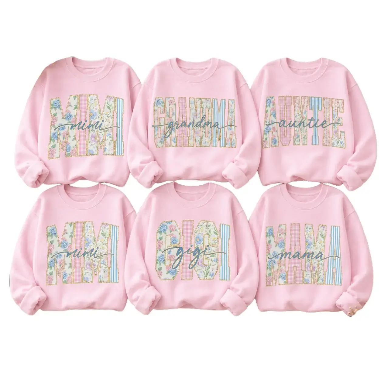 Custom Mimi Grandma Auntie Gigi Mama Sweatshirt, Personalized Floral Family Shirt, Pastel Pink Grandma Crewneck, Gift for Mom Auntie Gigi Mimi, Mother's Day Family Matching Pullover -DarkFlex