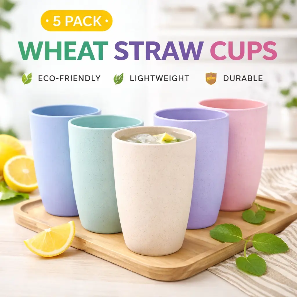 5-Piece 12 oz Unbreakable Wheat Straw Cups Set - Reusable, Lightweight, BPA-Free, Dishwasher-Safe Eco-Friendly Tumblers for Home, Camping Drinkware (5pcs)