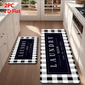 2/3 Piece Flannel Kitchen Floor Mat Set with and Checkered Pattern and Laundry Room Slogan Retro Farmhouse Decor Non-Slip Water-Absorbent Ideal for Laundry Rooms Kitchens Bathrooms Hallways Home Decoration