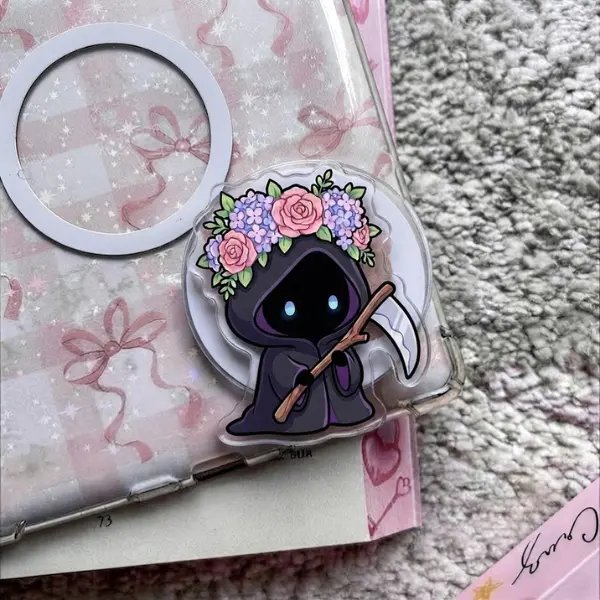 Goth Cute Phone Grip, Cute Grim Reaper Floral Crown MagSafe PopSocket, Pastel Goth Reaper Phone Socket, Spooky Aesthetic Gift