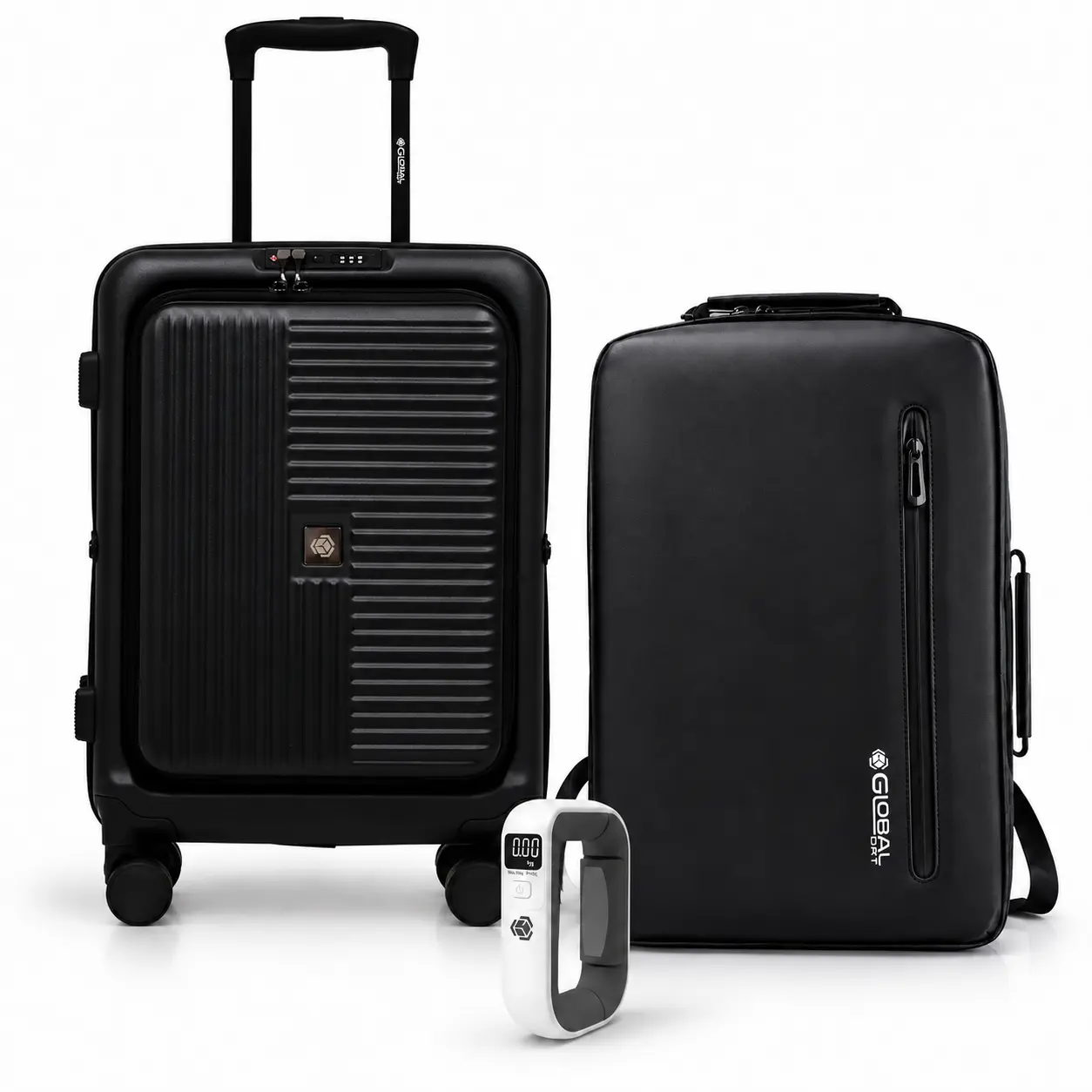Global DRT 3-Piece Travel Bundle – 20-Inch Black Collapsible Carry-On Suitcase with Spinner Wheels, Digital Luggage Scale and Backpack