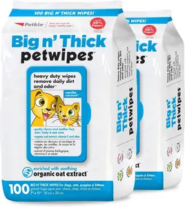 Petkin Large Pet Wipes for Dogs and Cats 200 Count Organic Oat Extract Gentle Cleaning Formula Ideal for Home or Travel Vanilla Coconut Scent
