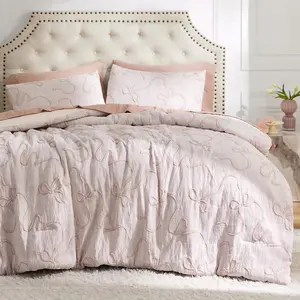 Comforter Set, Pink Boho Tufted Bed Set, 3D Puffy Jacquard Bedding King Size, 2 Pieces, 1 Farmhouse Shabby Chic Embroidery Comforter with Bow Pattern