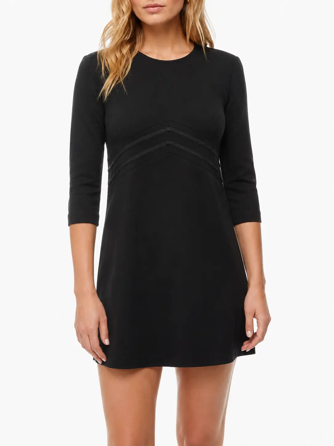 Black Chevron Detail Mini Dress – 3/4 Sleeve Elegant Fit