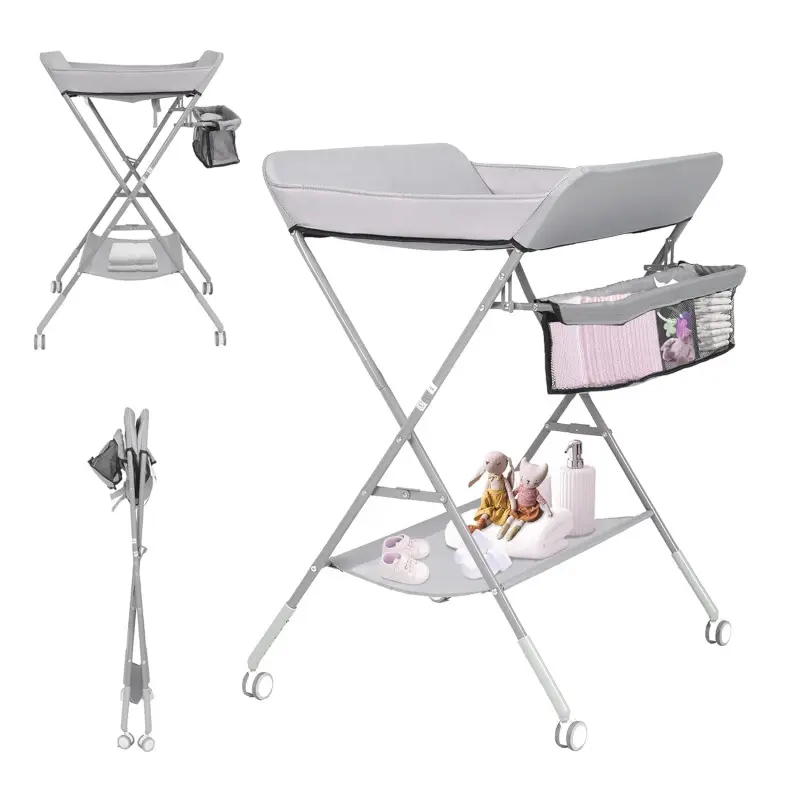 Portable Lightweight Folding Baby Changing Table - Height-Adjustable, with Wheels, Storage Shelf, 4-Sided Belted Fences, Safety Belt, for 3-6 Months Infants, Compact Design
