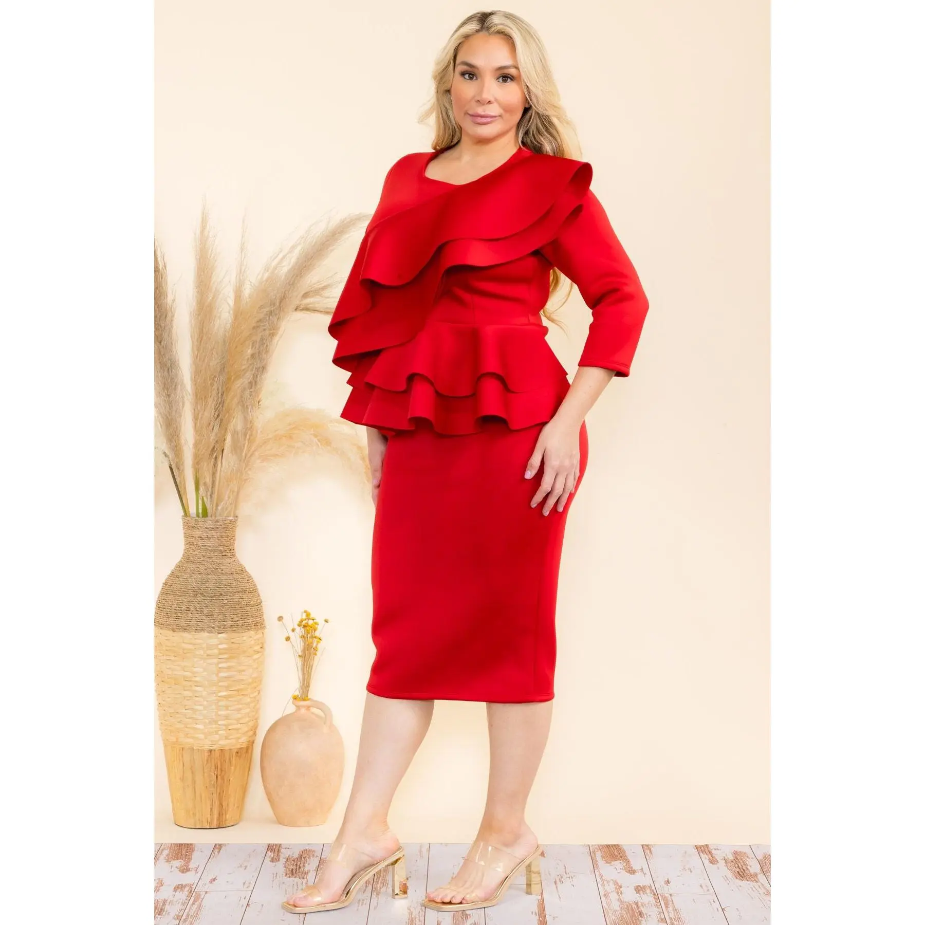 Plus Size Double Layer Detail Front and Double Ruffle Hem Peplum Midi Dress