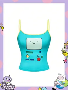 Cute Cartoon Face Print Contrast Color Slim Fit Camisole Top Adventure Time Spring Summer Y2K Graphic Aesthetic for Trendy Casual Wear