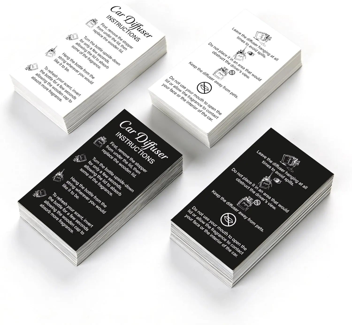 Pack Car Diffuser Instruction Cards for Car Diffuser Bottle,  x . Inch Care Cards, Premium Car Freshies Supplies for Hanging Car Diffuser Packaging, Business Card Size (Black/White)