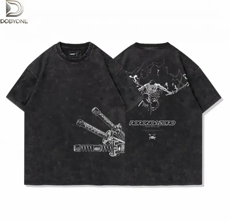 DOBYONE Men's Roronoa Zoro T-Shirt, Vintage Washed Cotton Anime Graphic Top, Loose Fit Shortsleeve Streetwear, Tops, Menswear, Cotton Fabric, Vintage Retro, Anime Print, Daily Casual, Round Neck