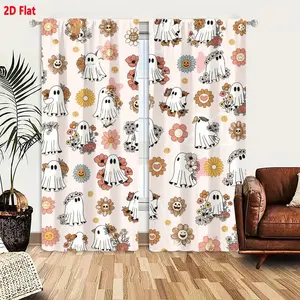2D Flat 2-Piece Retro Whimsical Ghost & Floral Curtains, Light Pink Background with Cute White Ghosts Holding Flowers, Colorful Pastel Daisies Sunflowers Roses Heart Flowers, 70s 80s Vintage Playful Design, Cheerful Repeating Pattern for Kids Room